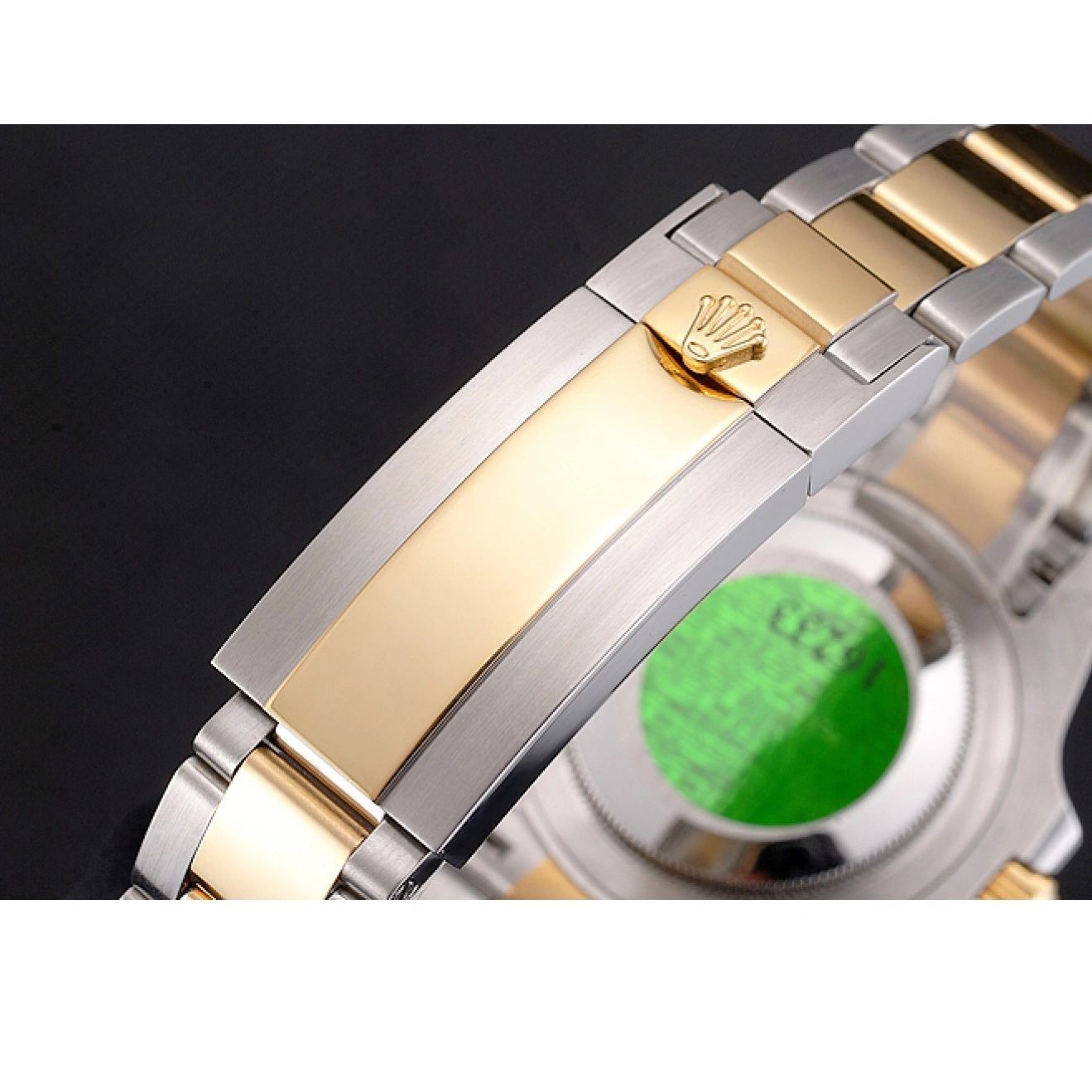 AAA replica watch Markings Gold Black Dial Tone Gold Two Submariner Diamond Bezel Swiss Steel Rolex Bracelet 0818